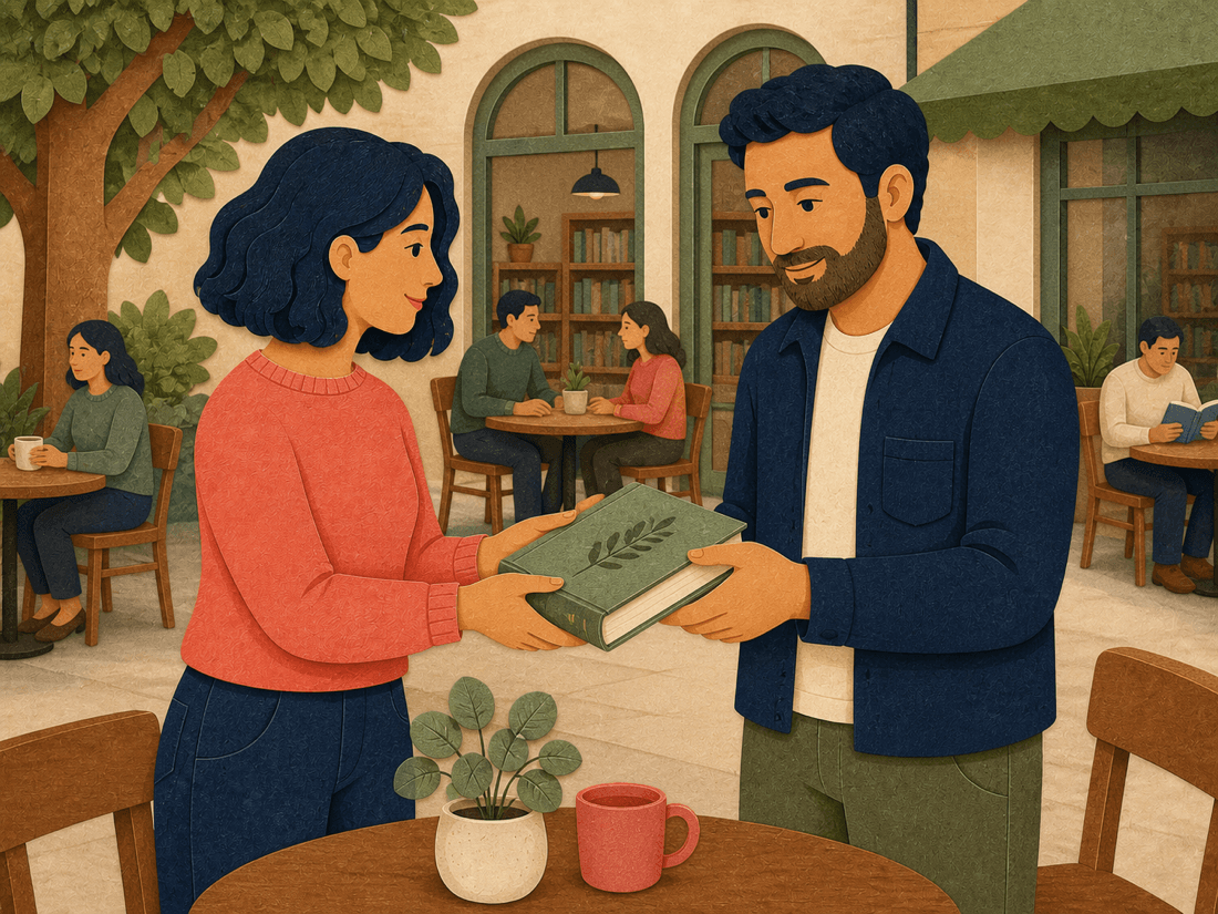Two readers handing over an exchanged book in a public café